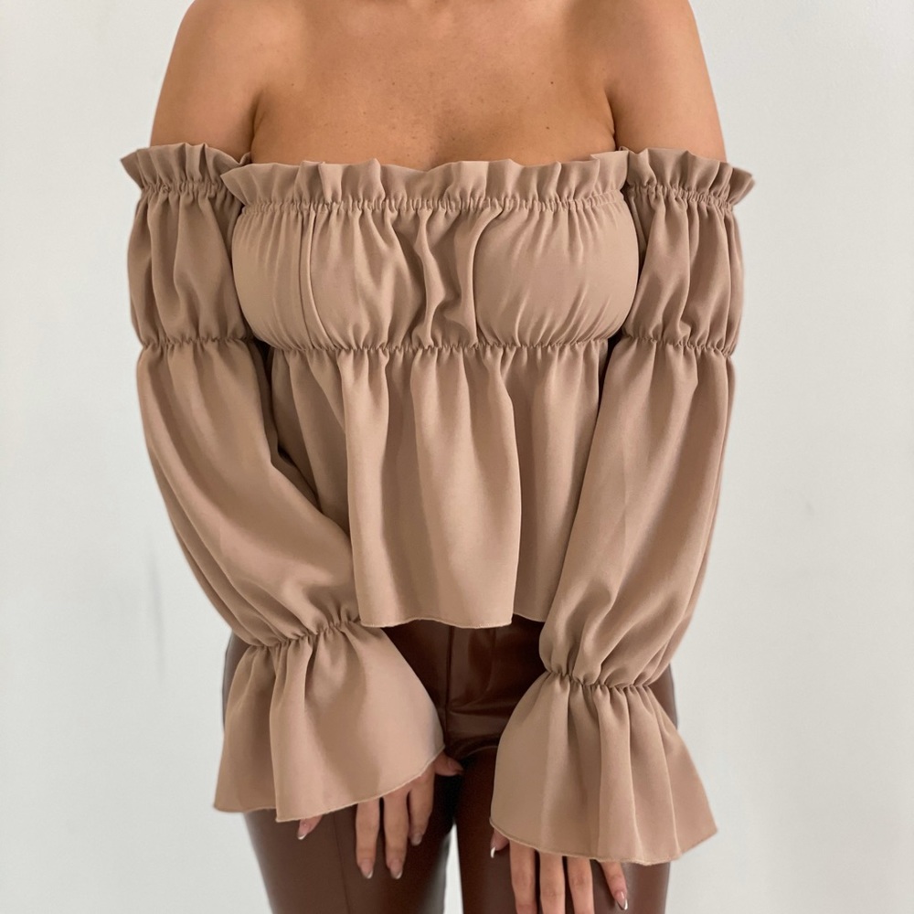 Tan Off Shoulder Ruched Blouse